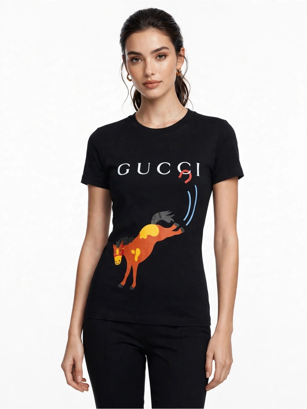 Gucci Black Graphic Horse Logo Tee with Colorful Motif